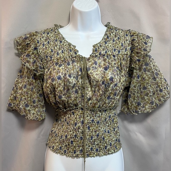 Free People Tops - Free People Beatrice Ruffle Blouse Top Floral Printed Smocked‎ Cropped Sz S NWT